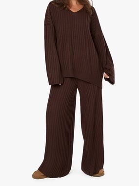 WeWoreWhat Ribbed Knit Wide Leg Pant in Dark Brown